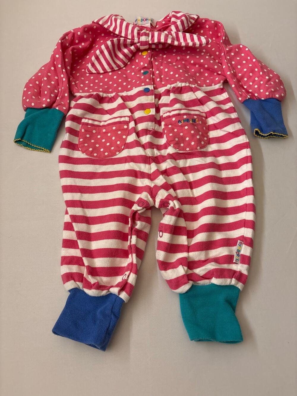 Vintage Gymboree Infant Pink Polka Dot Stripe Romper Collar Bow Kidcore